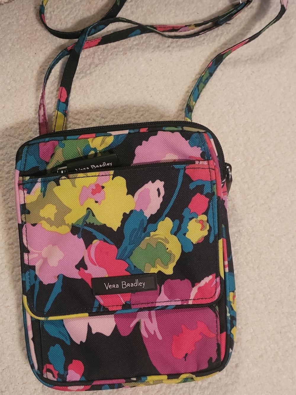 Vera Bradley Black Floral Crossbody with Pink Yellow Blue Accents
